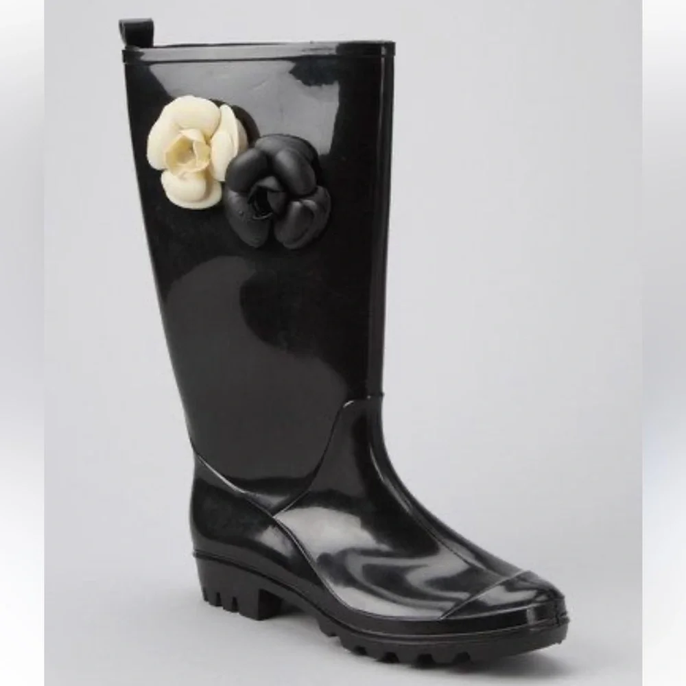 Capelli NY Black Rain Boots with Floral Accents size 10